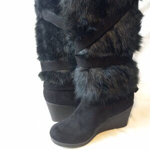 Bebe Black Faux Fur Wedge Boots |